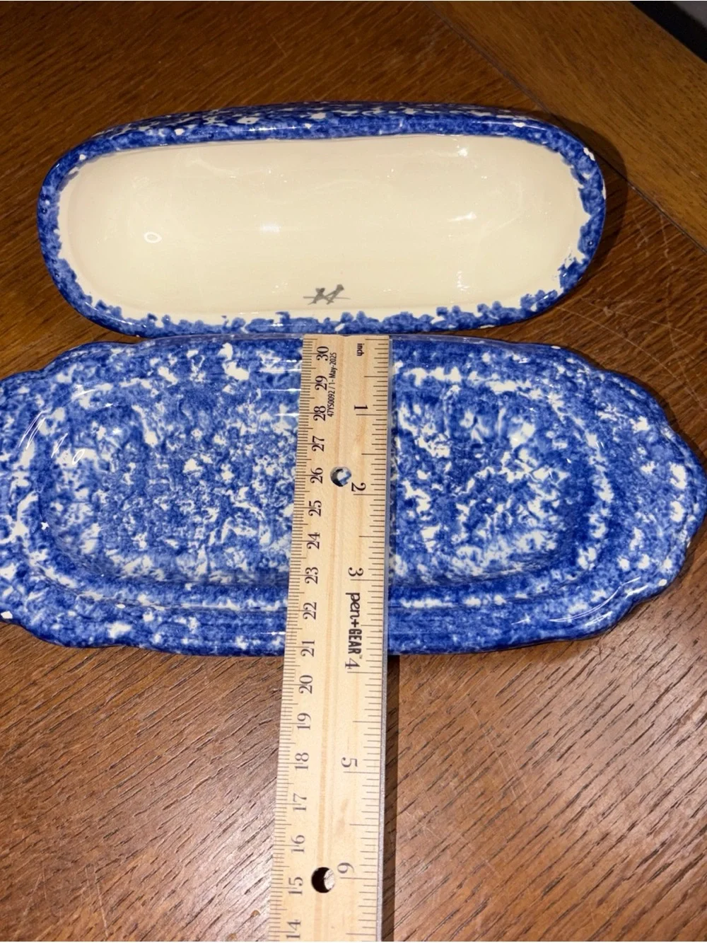 Molly Dallas Splatterware Butter Dish Blue With An Orange Sheep Signed
